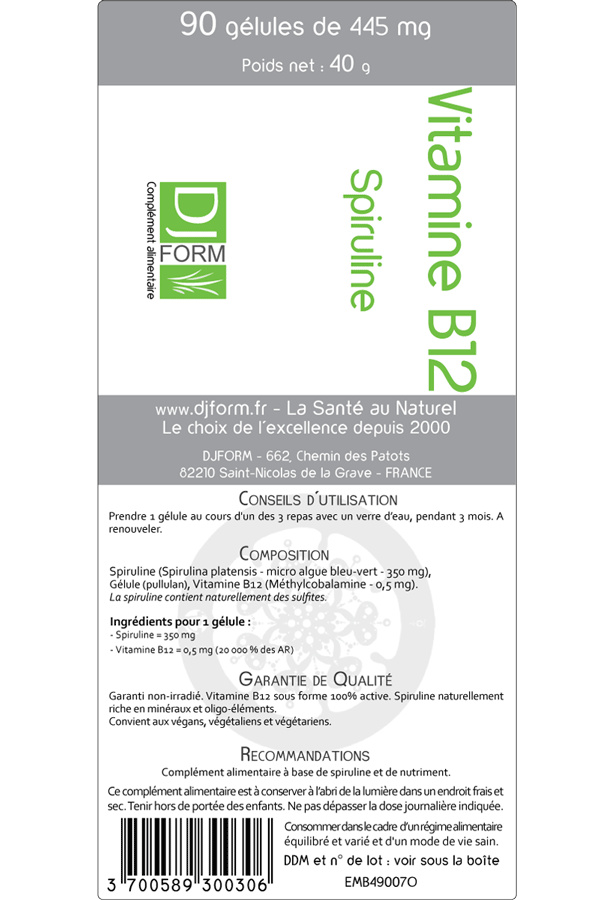 Vitamine B12 spiruline 90 gélules Djform